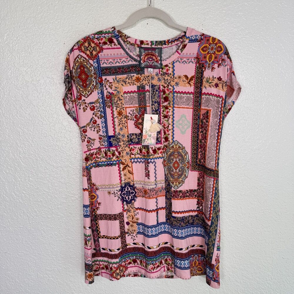 Johnny Was Top Women Small Stano Relaxed Dolman Tunic Blouse Floral Border Print